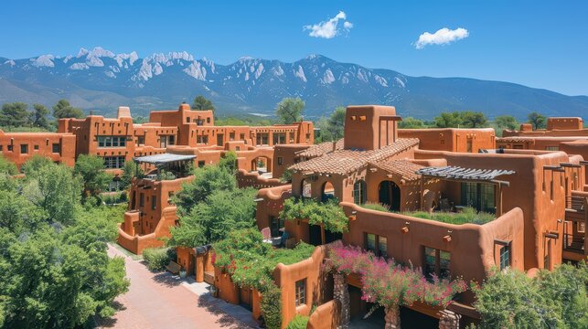 Aerial View of Luxurious Adobe-Style Earth-Toned Homes Embraced by Lush Greenery and Snow-Capped Mountains on a Clear Sunny Day