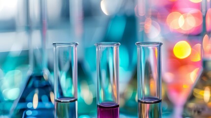 Wall Mural - colorful test tubes in a lab. three test tubes filled with colorful liquids stand on a counter in a 