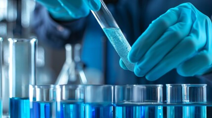 Wall Mural - scientist holding test tube in laboratory. scientist wearing blue gloves carefully handling test tub