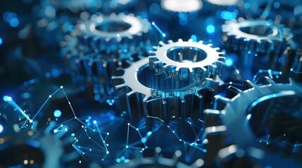 A close up of gears in a blue background. The gears are all different sizes and are arranged in a way that creates a sense of movement and energy