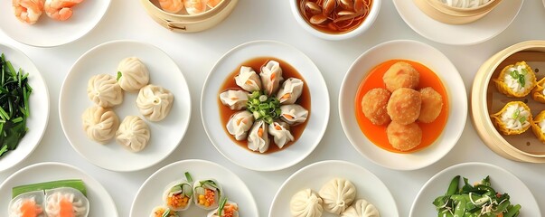 Wall Mural - asian cuisine served on white plates and bowls