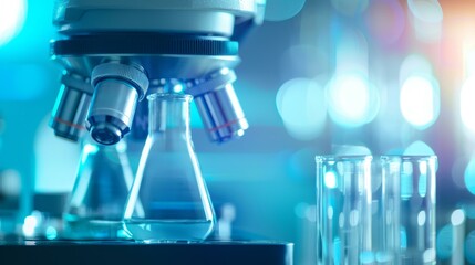 Wall Mural - scientific research with microscope and flask. blue toned image of laboratory glassware and a micros