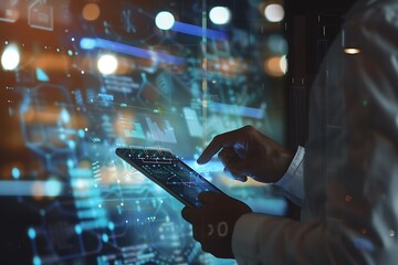 Leinwandbilder - A businessman pointing at a compliance icon with a technological business data network in the background, representing regulatory standards
