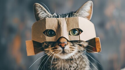Curious Cat Wearing Cardboard Mask for Carnival or Masquerade Theme