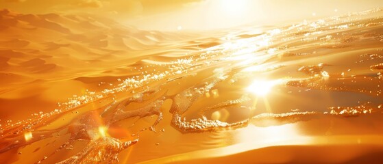 Golden desert landscape with a bright sun shining in the distance.