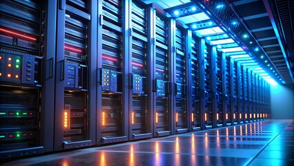 Poster - Data Center Servers with Glowing LED Lights in a Row