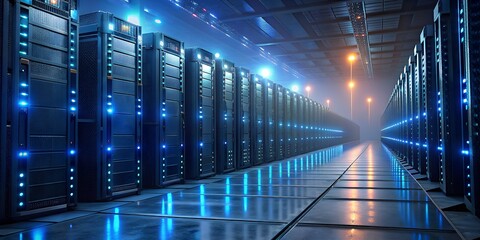 Poster - Data Center Servers with Glowing LED Lights in a Row