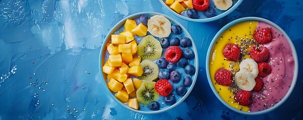 colorful smoothie bowl with sliced bananas, blueberries, and strawberries on a blue table against a blue wall