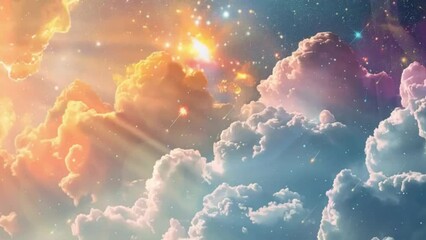 Wall Mural - A colorful sky filled with fluffy clouds and twinkling stars creating a cosmic backdrop, A cosmic backdrop with colorful explosions and cosmic dust clouds.