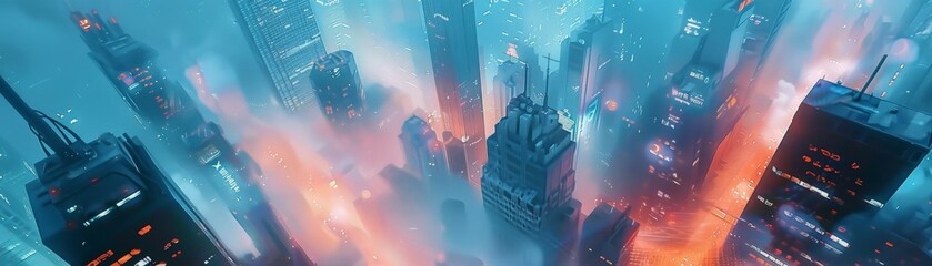Wall Mural - Aerial view of a futuristic cityscape at night, with vibrant lights, towering skyscrapers, and a cyberpunk atmosphere filled with fog and neon colors.