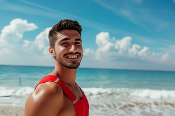 Male lifeguard on a beach by the sea dedicated to safety and protection, in orange attire, supervising the shore and waves during summer vacation