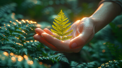 Wall Mural - A woman's hand and a fern leaf.