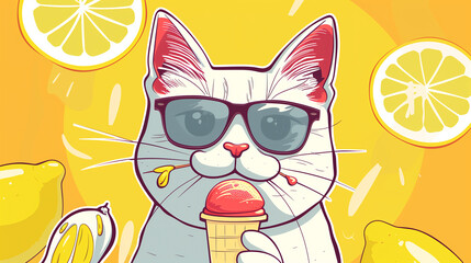 Cool Cat Enjoying a Summer Treat with Lemon Slices Background