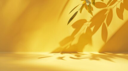 Aufkleber - Minimal Abstract Background for Product Presentation with Leaf Shadow on Yellow Plaster Wall, Ideal for Spring and Summer Concepts in 3D Render