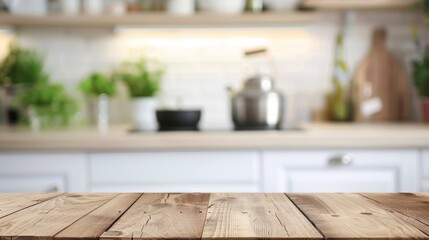 Poster - Wooden Tabletop in Focus with Blurred Modern Kitchen Counter in Background, Ideal for Product Display and Design Key Visuals