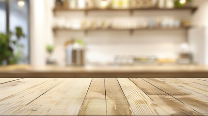 Aufkleber - Wooden Tabletop in Focus with Blurred Modern Kitchen Counter in Background, Ideal for Product Display and Design Key Visuals