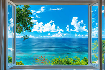 Views from a hotel window to the sea in a tropical landscape for vacation travel, presenting a picturesque beach scene promoting relaxation and tourism