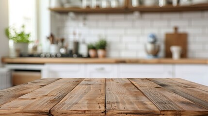 Aufkleber - Wooden Tabletop in Focus with Blurred Modern Kitchen Counter in Background, Ideal for Product Display and Design Key Visuals