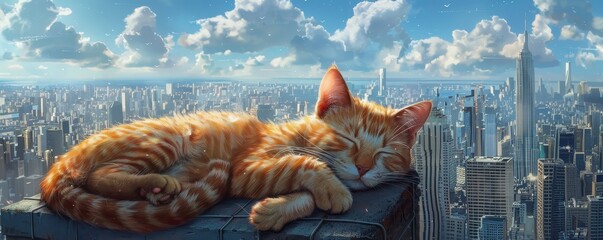 Giant cat sleeping on top of a city, curled around skyscrapers