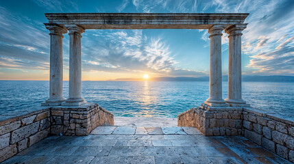 Majestic Classical Stone Columns Framing a Stunning Coastal Sunset Over the Blue Sea with Ancient Architecture and Scenic Horizon