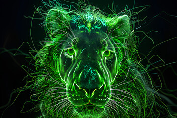Wall Mural - cute lion animal, vector, neon, cyberpunk, futuristic, black background, 3d rendering