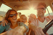 © Duckai - Joyful family driving on a vacation trip, creating lasting memories in their car with copy-space, exemplifying their togetherness and happiness