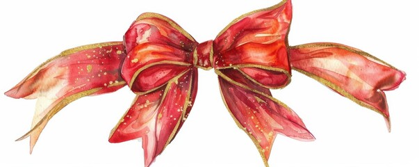 A ribbon bow clipart, festive decoration, watercolor illustration, red and gold, isolated on white background