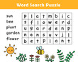 © G.rena - Spring Word Search Puzzle for Kids. Word game with cute spring illustration. Find the Hidden Words. Learning words for children.