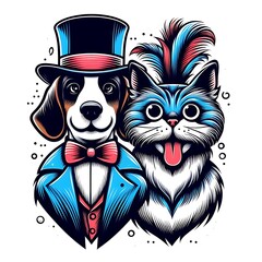 Wall Mural - A dog design drawing graphic and cat design drawing graphic wearing a suit and hat creative highquality engaging vector.