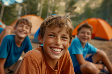 Wall Mural - Kids friends smiling in nature at summer camp, soaking in the fun of outdoor play and forest exploration, with camp tents providing a cozy backdrop in the heart of nature