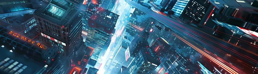 Wall Mural - A futuristic cityscape with neon lights and skyscrapers, showcasing a vibrant and bustling urban environment from an aerial perspective.