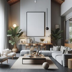 A living room style interior set design with a mockup poster empty white and with a large couch and a table Vibrant informative informative unique.