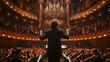 © Matthew - Back View Cinematic shot of Conductor Directing Symphony Orchestra with Performers Playing Violins, Cello and Trumpet on Classic Theatre with Curtain Stage During Music Concert.