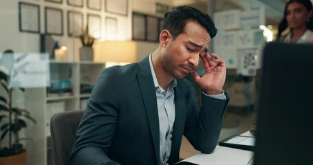 Poster - Businessman, night and headache with stress for mistake, debt or financial crisis at office. Frustrated, tired man or employee with migraine, depression or anxiety in fatigue or burnout at workplace