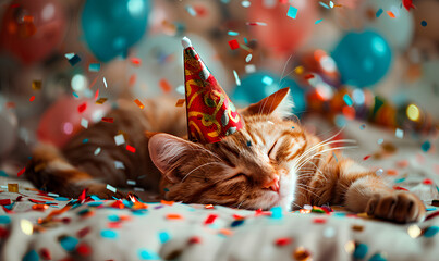 A sleepy orange tabby cat with a party hat rests on a bed of confetti