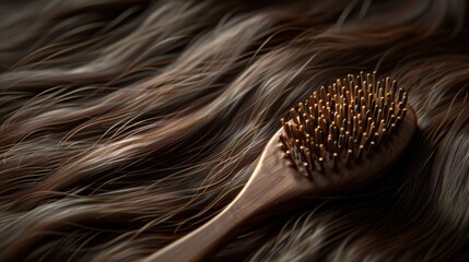 A wooden hairbrush lying on long, wavy, brown hair, showcasing hair care tools and healthy hair texture.