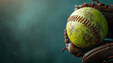 A worn softball caught in a leather glove, highlighting details and texture against a blurred background.