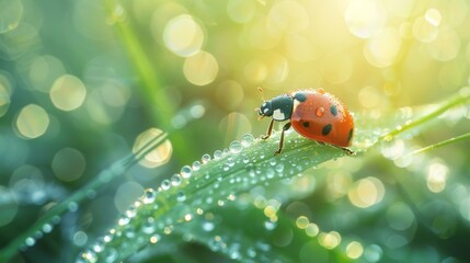 Poster - A ladybug crawling on a green leaf, with dew drops glistening in the morning sunlight.
