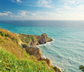 Wall Mural - Beautiful spring nature cliff and sea landscape.