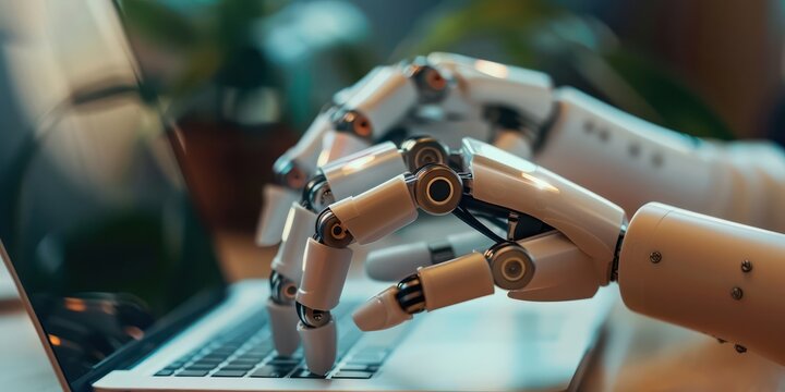 Hands of robot and human touching on big data network connection background