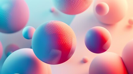 Wall Mural - 3D rendering of a group of pastel colored spheres with a textured surface. The spheres are floating in a gradient background and have a glossy finish.