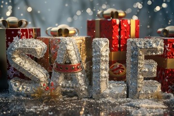 A whimsical Christmas sale background featuring the word 'SALE' created from a cascade of glittering Christmas gift boxes.