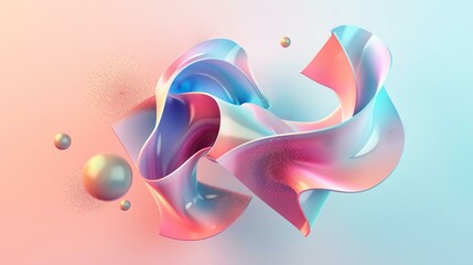 Wall Mural - 3D rendering. Pink and blue glossy intertwined shapes with glitter particles on a gradient background.