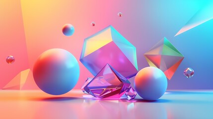 Wall Mural - 3D rendering of a colorful abstract background with geometric shapes. Pink, blue, and yellow spheres and crystals float in a gradient background.