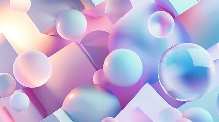 Wall Mural - 3D rendering of a colorful abstract background with floating spheres and geometric shapes.