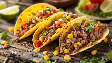 Wall Mural - mexican tacos topped with yellow corn and served on a wooden table, accompanied by a lemon