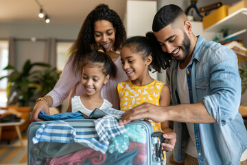 African American family packing their vacation travel bags, packing their luggage with anticipation and joy