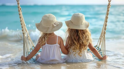 Two young girls wearing hats are relaxing in a hammock on the beach. They are sitting side by side, looking out at the ocean. The water is blue and clear, and the sun is shining brightly