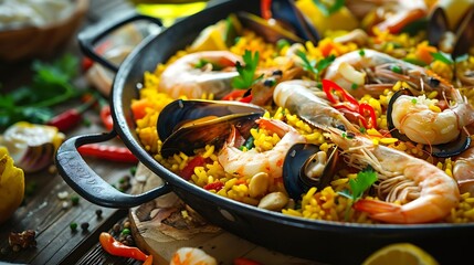 Wall Mural - paella pan with shrimp and vegetables on a wooden table, accompanied by a yellow lemon and a black handle