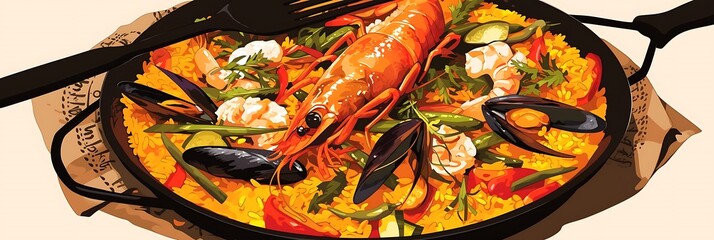 Wall Mural - paella pan with shrimp and vegetables on a plate